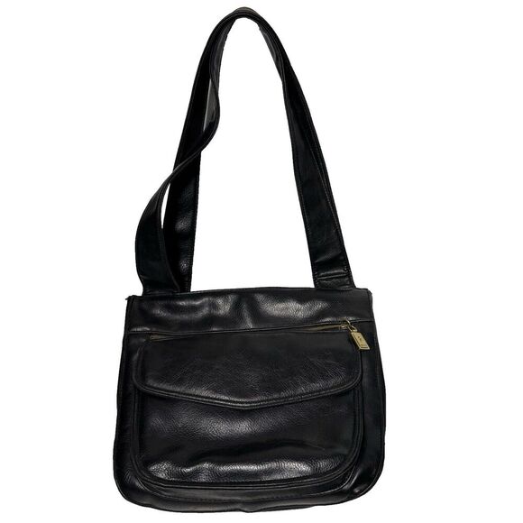 Rosetti Black Pebbled Faux Vegan Leather Shoulder Bag Purse Compartments Pockets - Picture 1 of 6